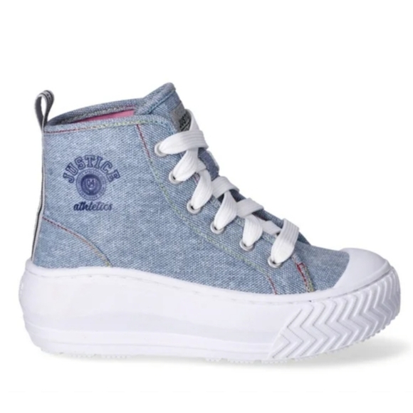 Justice Sport Girls' Sparkly Blue Canvas High Top Platform Sneakers, Sz 2 - Picture 1 of 10